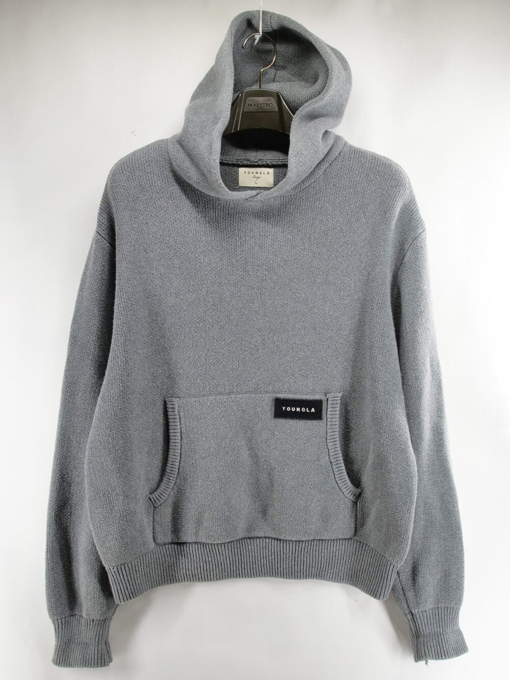 YoungLA 547 Mojave Knitted Hoodie Men's Large Gray Heavyweight Knit Pullover
